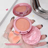Pink makeup compact held by a hand with decorative elements on a white background