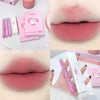 Collage of a pink lipstick with packaging, applied on lips, and held by a hand.