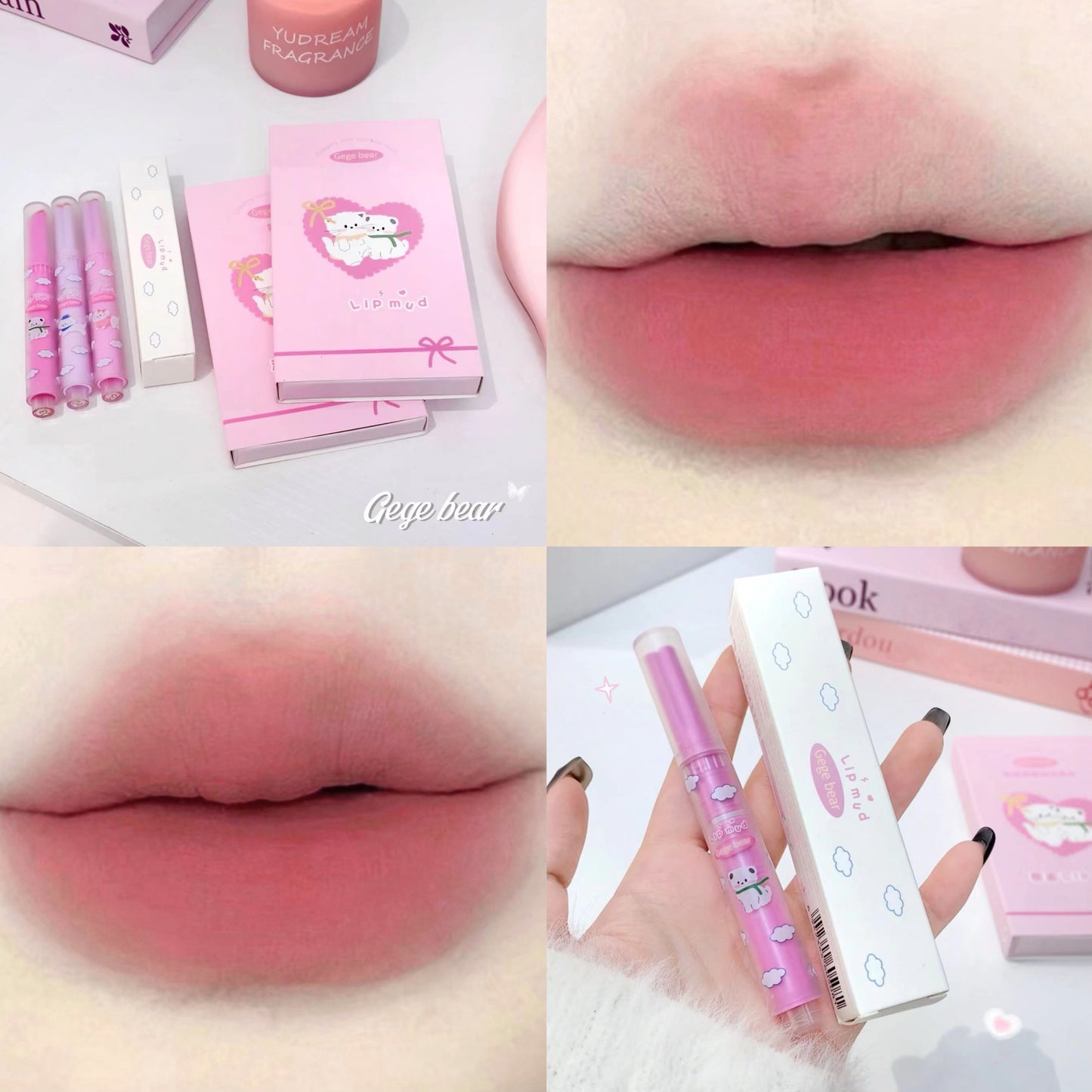 Collage of a pink lipstick with packaging, applied on lips, and held by a hand.