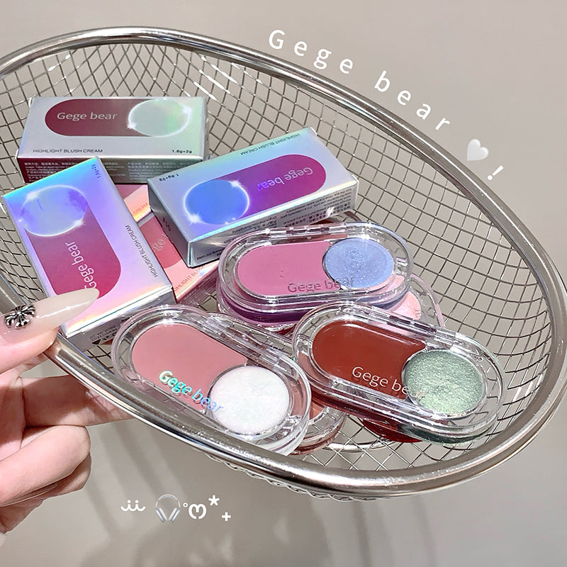Makeup product with 'Geege bear' branding held in a metal tray.