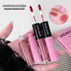 Two GEGE BEAR lip glosses with double-head design held by a hand, with close-up of color swatch.