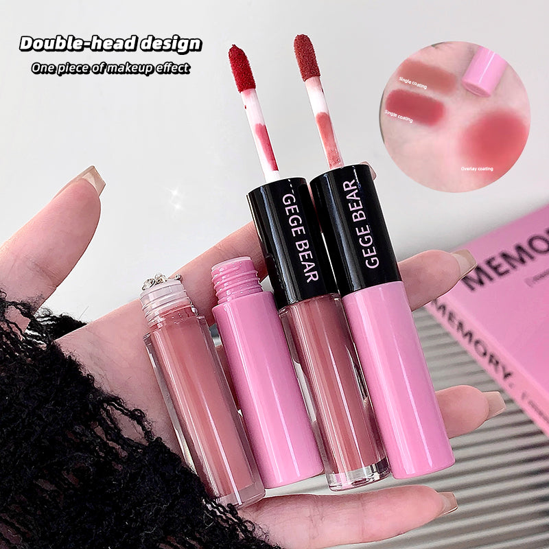 Two GEGE BEAR lip glosses with double-head design held by a hand, with close-up of color swatch.