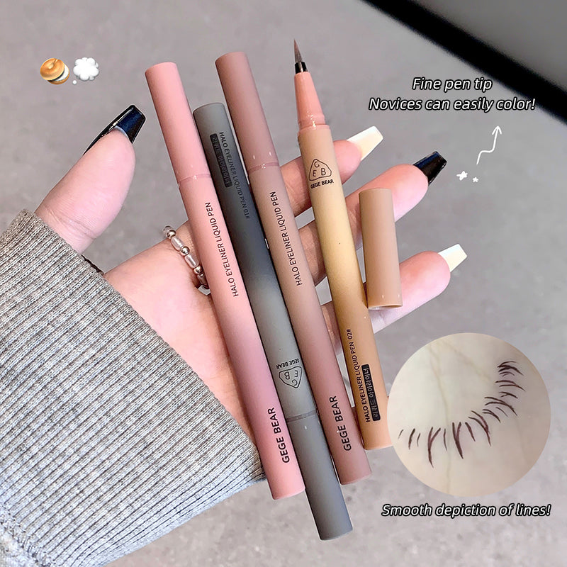 Set of makeup liquid pens held by a hand with text describing their features.