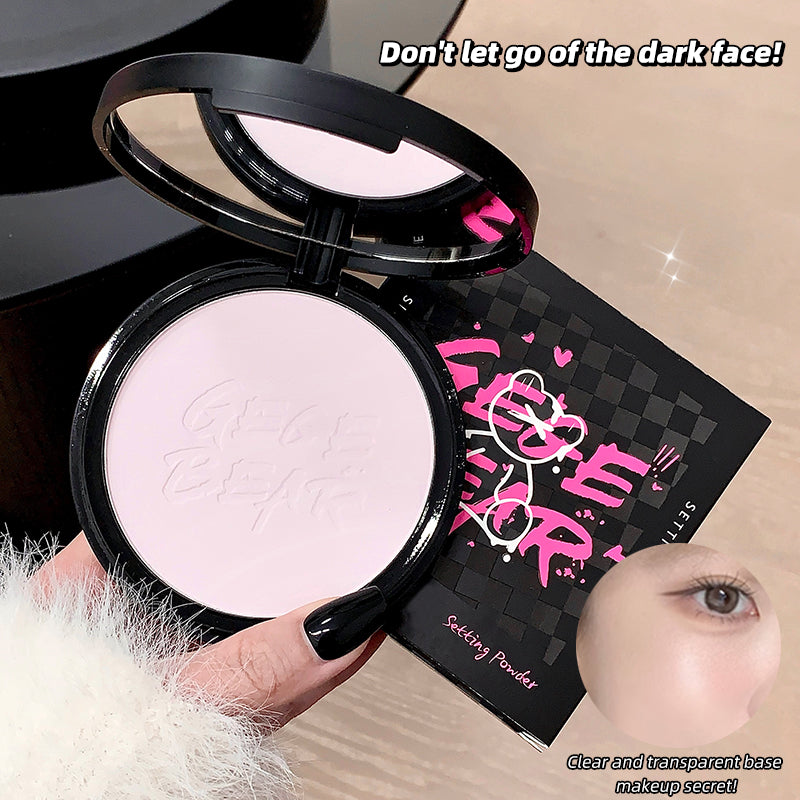 Compact powder with a mirror and packaging labeled 'Setting Powder' held by a hand.