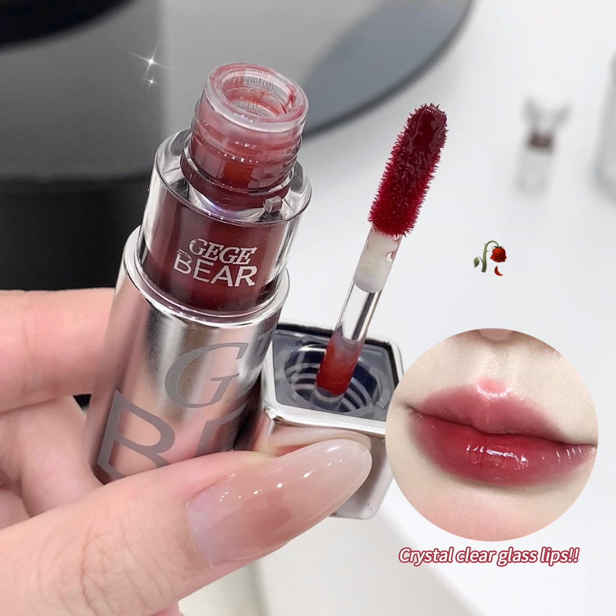 Lipstick with applicator and close-up of lips wearing the lipstick, brand 'GEGE BEAR' visible.