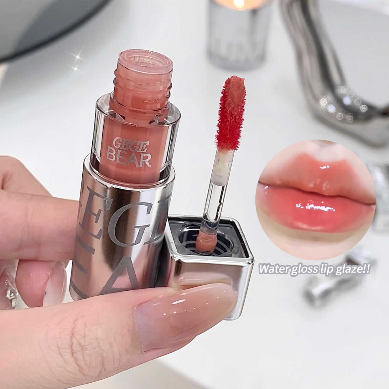 Lip gloss with applicator and close-up of lips wearing the product, brand 'GEGE BEAR' visible.