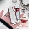 Hand holding a GEGEBEAR lip gloss with close-up of lips wearing the product.