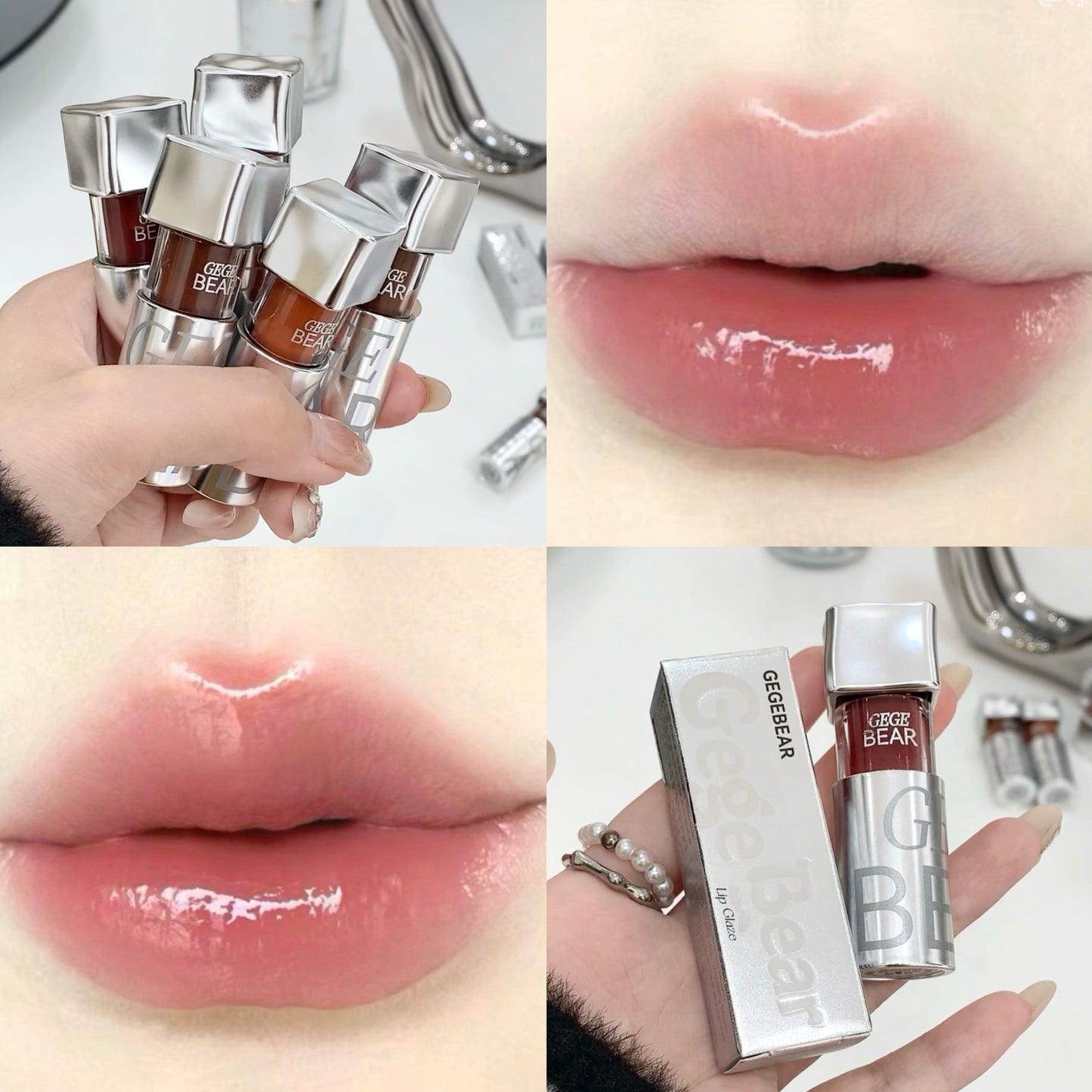 Collage of GEDEER BEAR lip gloss with close-ups on lips and product packaging.