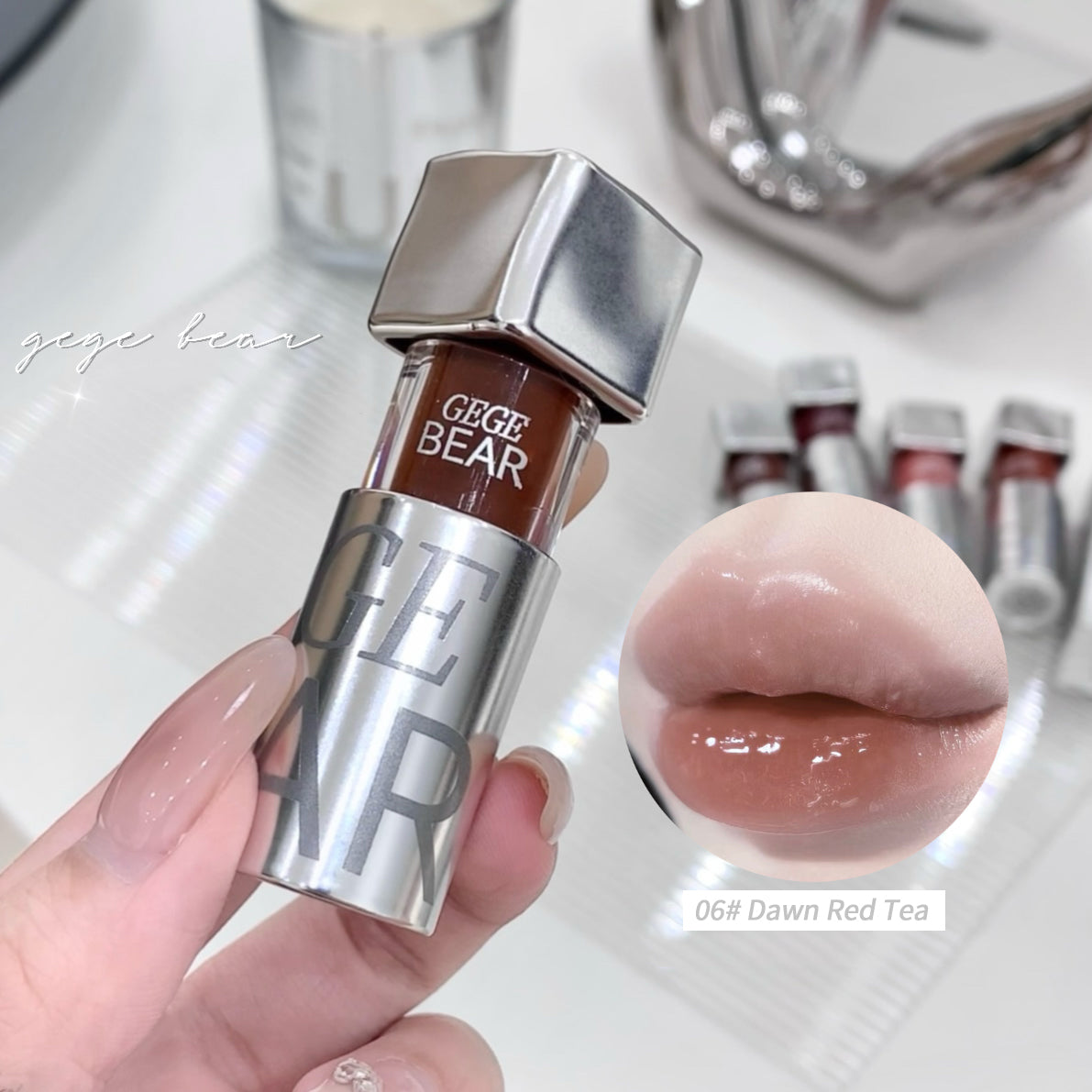 Lipstick held by a hand with a close-up of the lipstick and 'GEGE BEAR' branding.