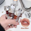 Hand holding four lip glosses with a close-up of a lip wearing one of them, set against a blurred background.