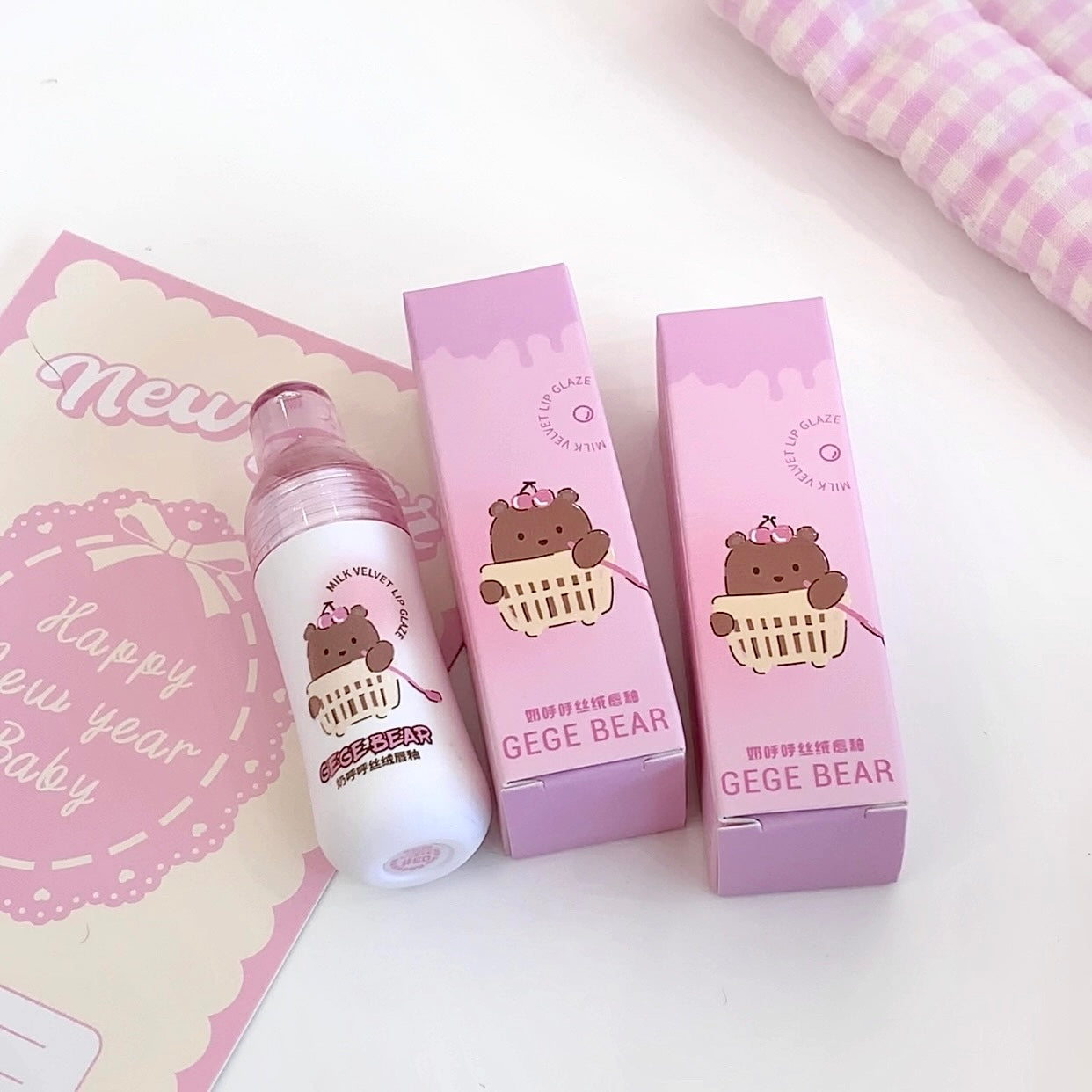 Two pink and white GEGE BEAR products on a white background
