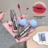 Two lip glosses with 'Gegg bear' branding held by a hand, with a close-up of lips wearing the product.
