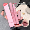 Pink lip products with 'Gege bear' branding held by a hand on a textured surface.