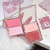 Two pink makeup products in open cases on a white surface with decorative elements.