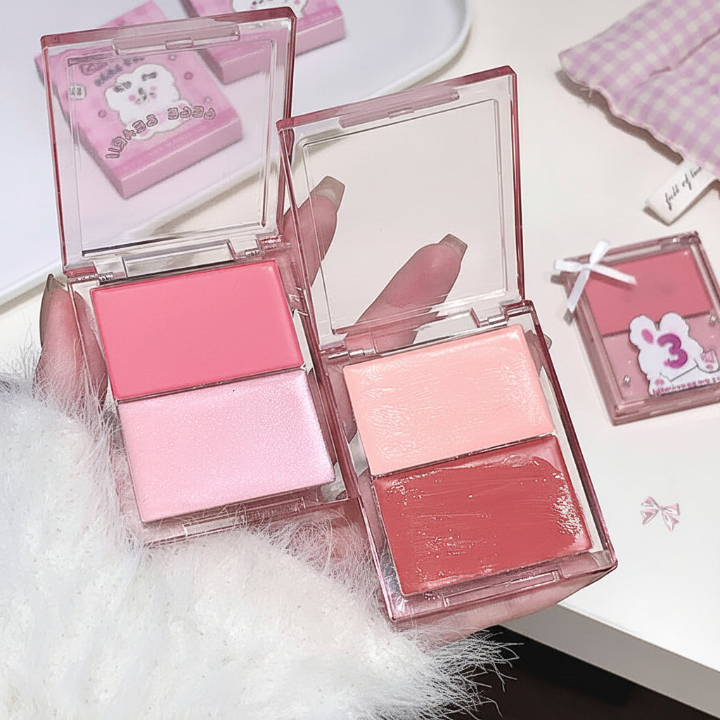 Two pink makeup products in open cases on a white surface with decorative elements.