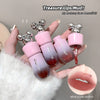 Pink lip makeup product with gradient effect held by a hand, close-up of product, and lips with product applied.