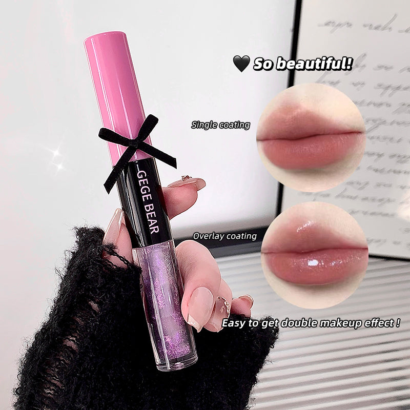 Lip gloss with pink cap and black label held by a hand, close-up of lips with product application.