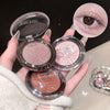 Three compact makeup products with a close-up of an eye wearing one of them.