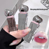 Three gray pink lip products held by a hand, with a close-up of lips wearing the product on the right.