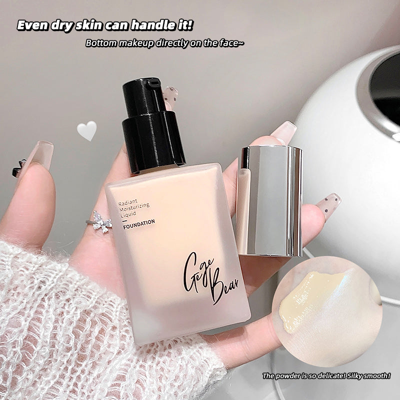 Foundation bottle held by a hand with text about foundation suitability for dry skin.