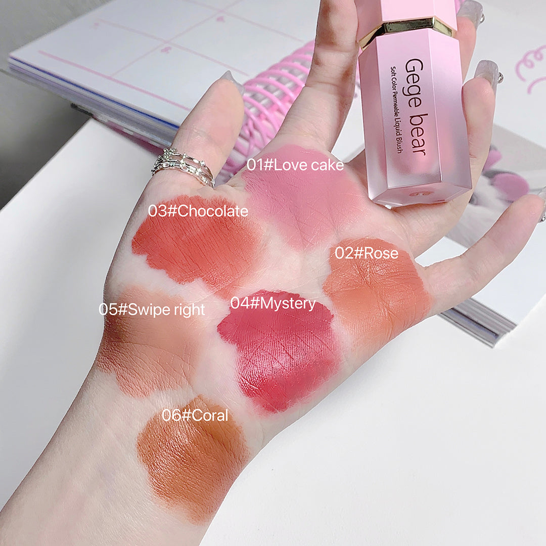 Hand with lipstick swatches labeled 'Love cake', 'Chocolate', 'Rose', 'Swipe right', 'Mystery', and 'Coral' next to a Gege bear product.