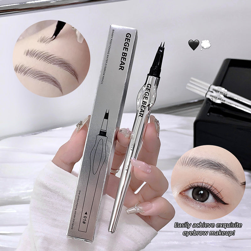 Eyebrow pen with packaging and close-up shots of eyebrows on a white background