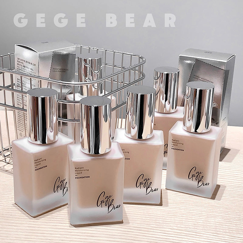 Cosmetic bottles with silver caps and 'GEGE BEAR' branding on a neutral background.