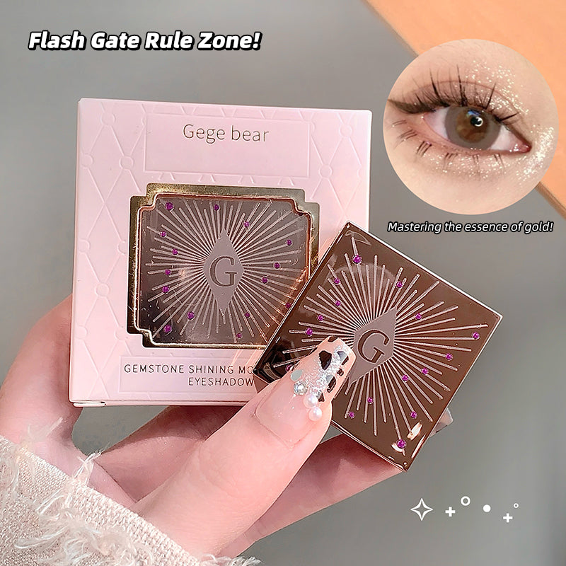 Gege bear gemstone shining makeup eyeshadow with packaging and close-up of eye wearing product.