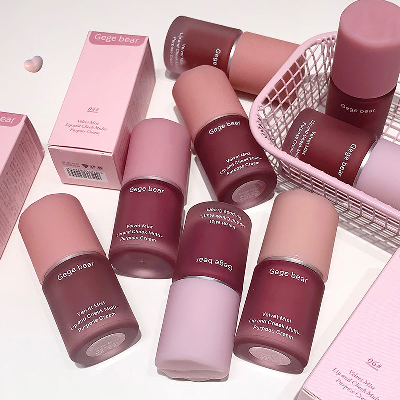 Gege bear lip and cheek makeup products on a light pink background