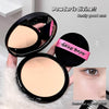 Compact powder with a pink puff labeled 'GEGE BEAR' held by a hand, with text indicating satisfaction.