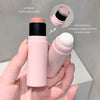Two pink makeup products held in a hand with text explaining features.