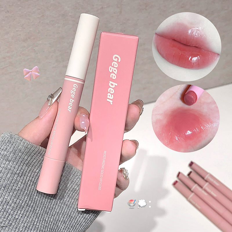 Pink lip gloss with packaging held by a hand, surrounded by close-up shots of the product on lips.