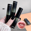 Three black lip products with 'GEGEBEAR' branding held by a hand, with a close-up of a lip and text on a gray background.