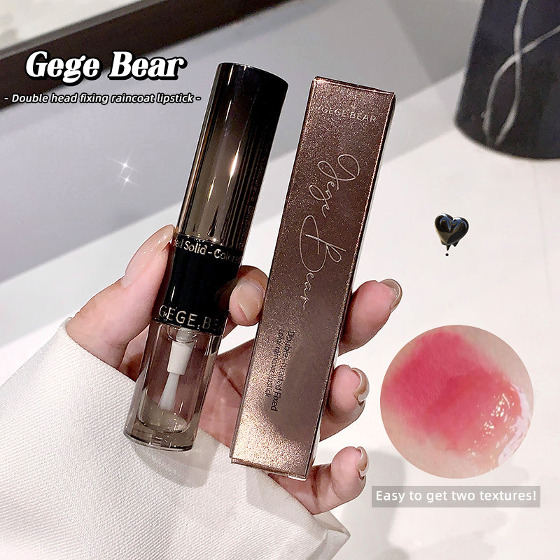 Gege Bear double-head fixing raincoat lipstick with packaging and a swatch on a white surface.