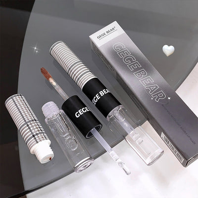 GEGBEAR makeup products including mascara, eyeliner, and a box on a reflective surface.