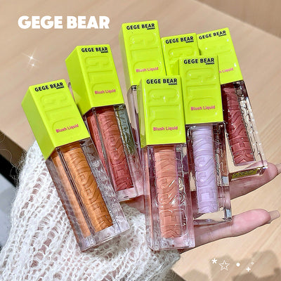 GEGE BEAR blush liquid products with green packaging held by a hand.