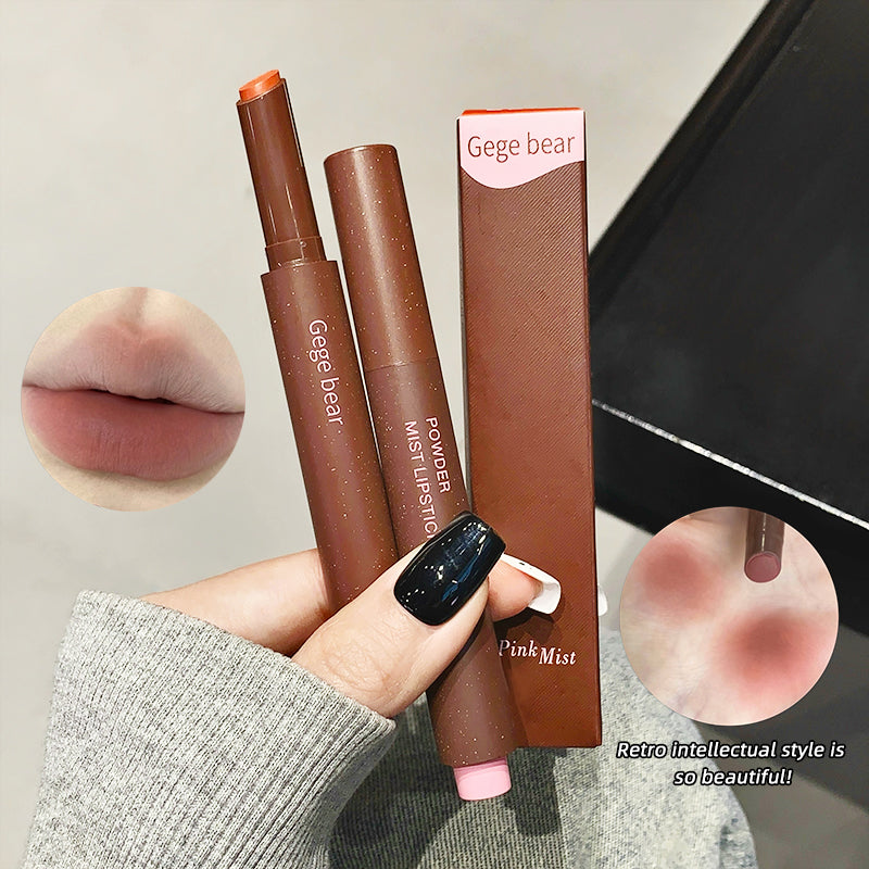 Two lipsticks with their packaging held by a hand, with close-up shots of lips wearing the lipsticks.