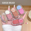 Hand holding a set of small makeup products with 'GEGE BEAR' branding.