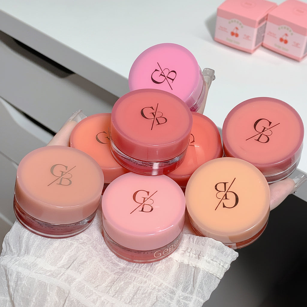Collection of cosmetic jars with a brand logo on a white surface