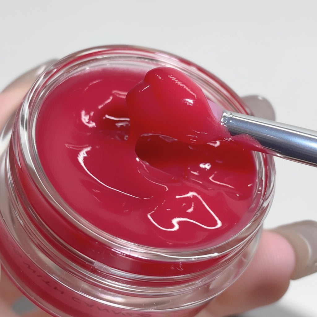 Red gel-like substance in a clear container with a spoon