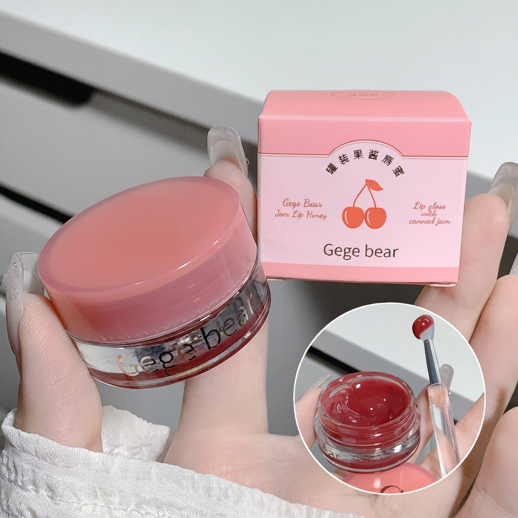 Pink lip balm jar with 'Gege bear' branding and packaging on a white background