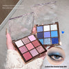 Nine-color eye shadow palette with a hand holding it, close-up of the palette, and an eye wearing the makeup.
