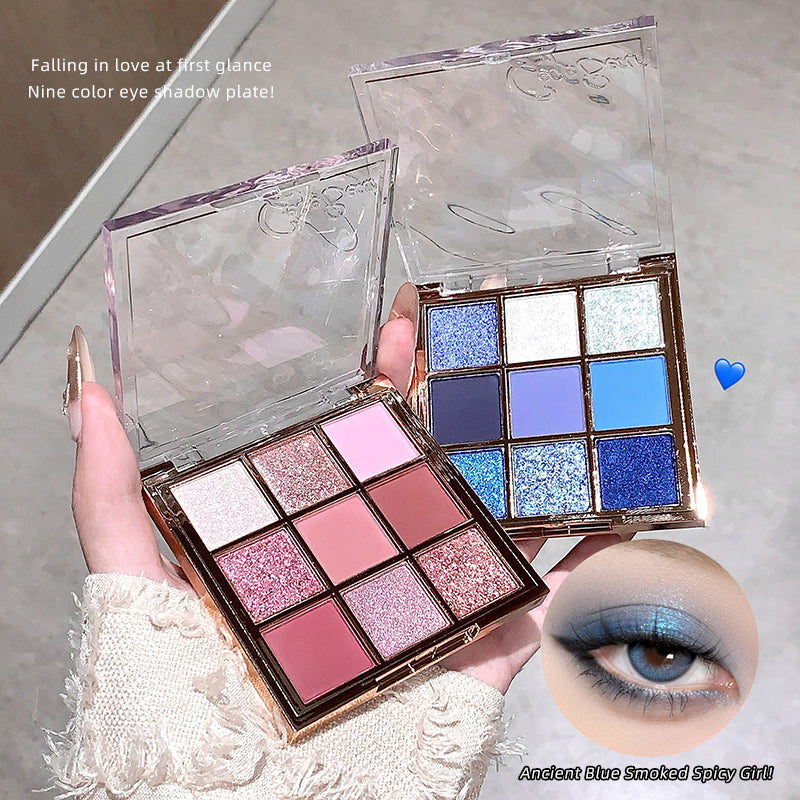 Nine-color eye shadow palette with a hand holding it, close-up of the palette, and an eye wearing the makeup.