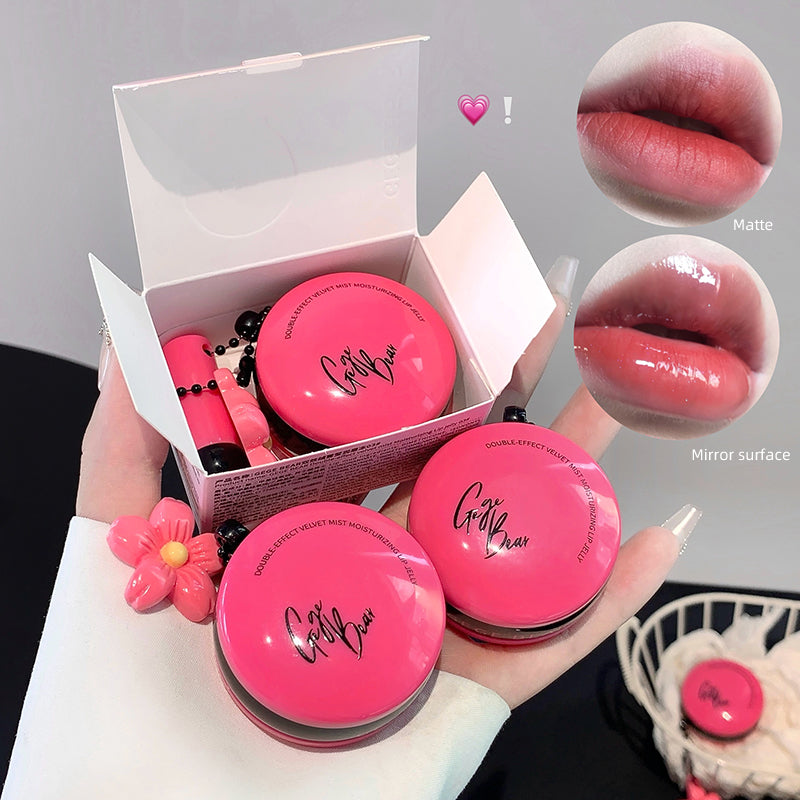 Pink makeup products with 'Cafina' branding on a hand, showing different finishes.