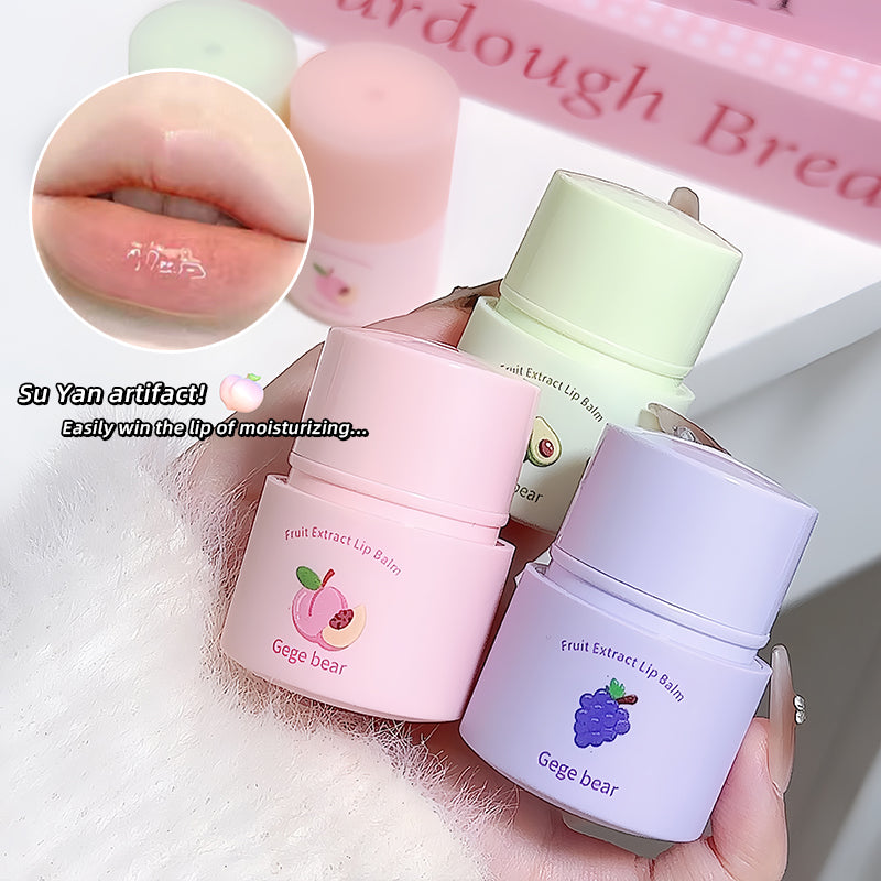 Three small lip balm containers with colorful lids held by a hand, with close-up of a lip and text overlay.
