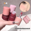 Hand holding a pink and red lip product with 'Gege bear' branding, close-up of eye makeup, and text 'What a lovely multi-purpose cream!'.