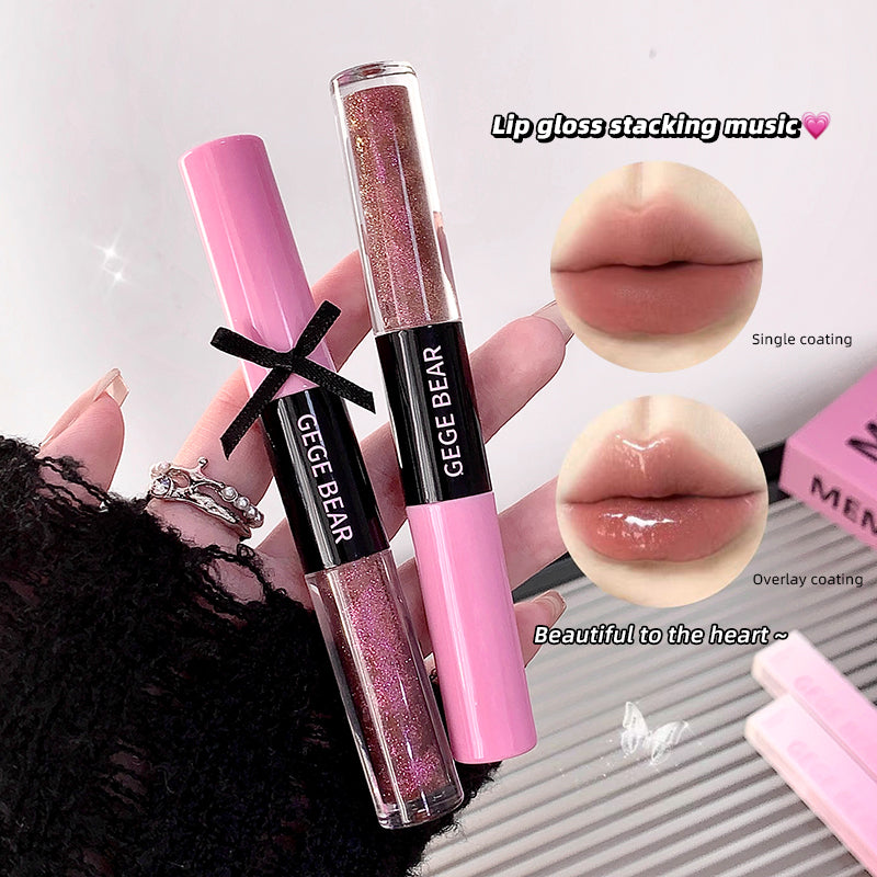 Two lip glosses with 'GEGE BEAR' branding, one pink and one glittery, held by a hand.