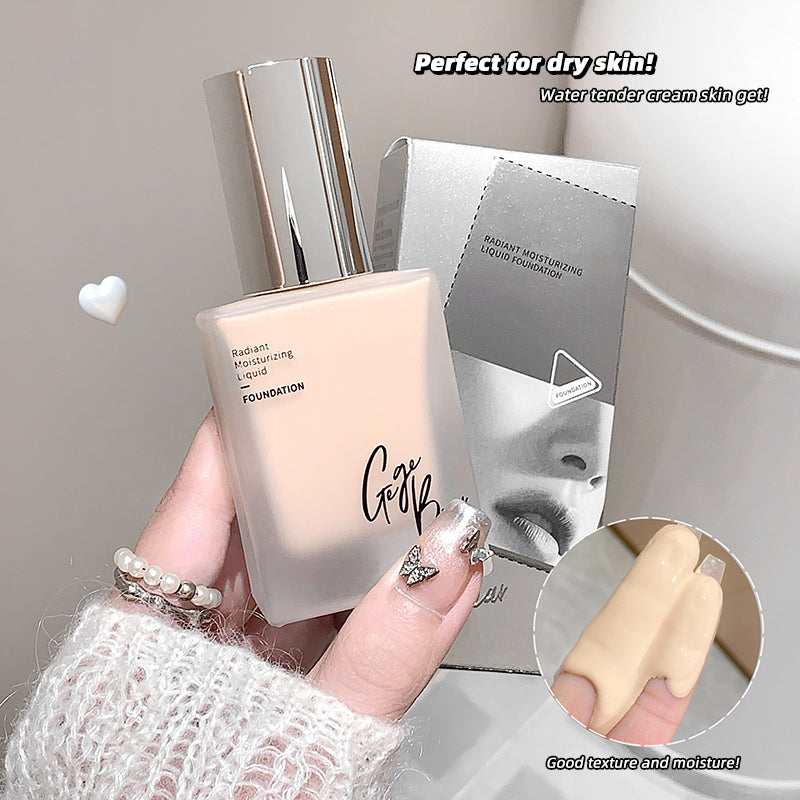Foundation bottle held by a hand with packaging and close-up of texture