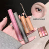 Four makeup products with visible branding held by a hand, close-up of an eye with makeup application.