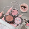 Three makeup compact powders with a hand holding them, one showing an eye wearing the product.